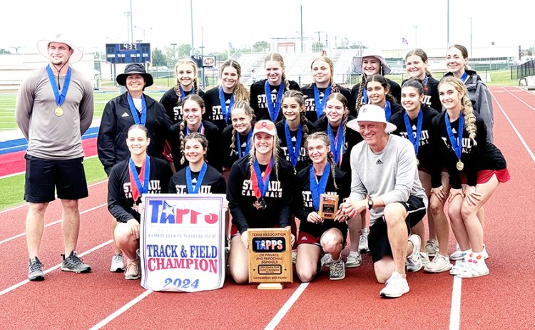 The St. Paul Lady Cardinals track team won the TAPPS 2A state championship. Front row from left are Jessica Fikac, Gabby Rodriguez, Faith Machart, Brooke Cerny and coach Jake Wachsmuth. MIddle row from left is  Tatum Walker, Karis Barta, Gracie Malnovsky, Kristin Cerny, Nora Koch, Petra Koch and Dallyn Pesek. Top row from left are coach Ryan Geiger, coach Nicco Brown, Frances Filip, Clara Kinney, Skylar Mozisek, Jenna Stock, Faith Brown, Kylie Kelso and coach Emily Mieschen. Photo courtesy of Jake Wachsmuth