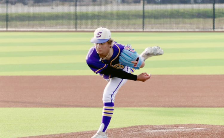 Shiner pitcher Landyn Pohler follows through on a pitch in game one against Freer. He gave up two hits and struck out 12. Photo courtesy of Louann Heinsohn