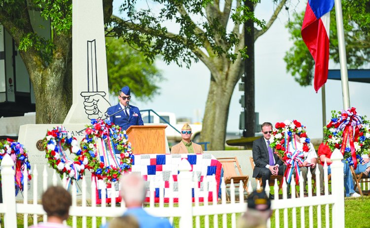 MSgt. Manny Cordova speaks at the Memorial Day commemoration. Photo by Sarah Collins.
